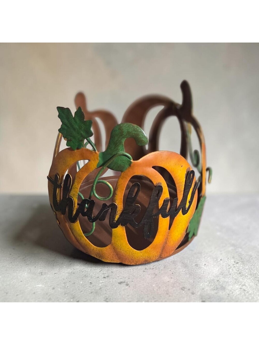 Decorative Metal Pumpkin Candle Holder with 'Thankful' Script